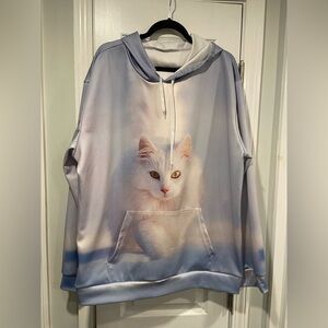 Light Blue Long Sleeve Pullover Hoodie Sweatshirt Size XL White Cat Snow